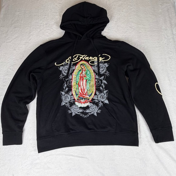 Ed Hardy Other - Ed Hardy Mens Large Graphic Hoodie Black Virgin Mary Rose Sweatshirt Winter
